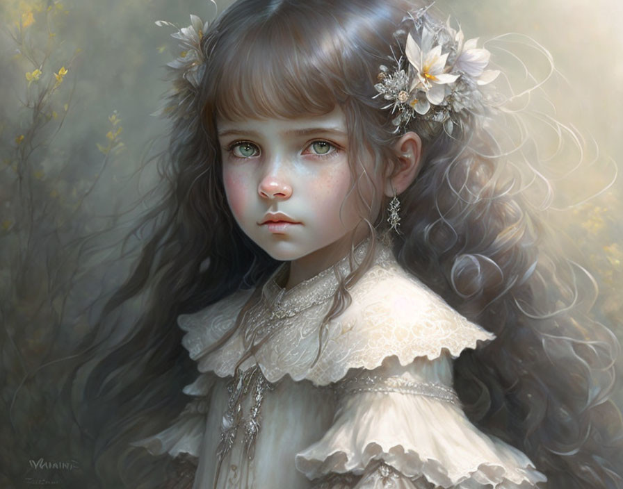 Young girl with blue eyes in vintage lace dress and flowers, digital painting.