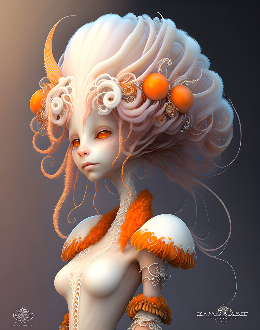 Fantastical female figure with white hair and orange spheres on grey background