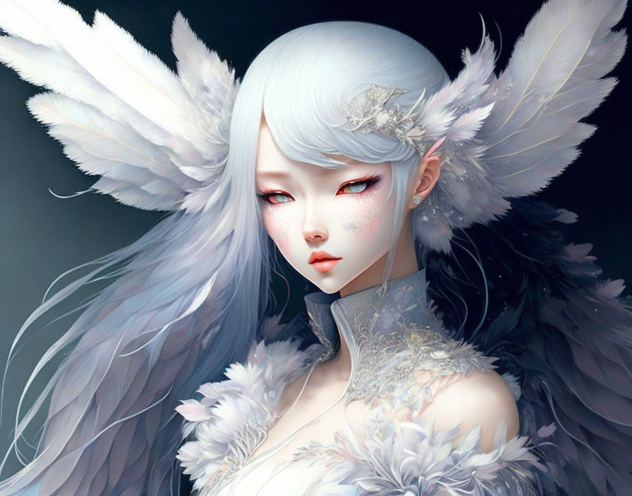 Fantasy female character with pale skin, white hair, red eyes, and large feathered ears in