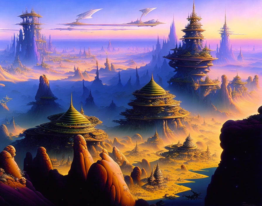 Fantastical landscape with towering spires and floating rocks under purple sky