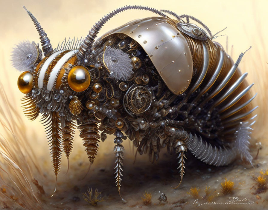 Detailed Steampunk Mechanical Insect Illustration with Gears and Metallic Plating