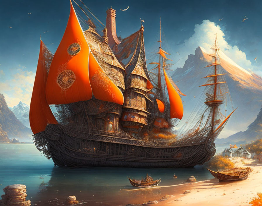 Elaborate orange-sailed vessel near coastal village & mountains