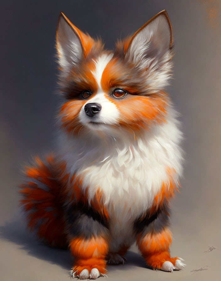 Whimsical digital painting of fluffy animal with dog body and fox-like markings