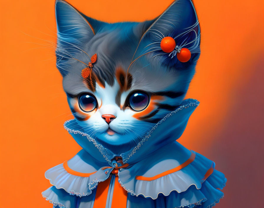 Anthropomorphized cat illustration in blue and white dress with orange accents