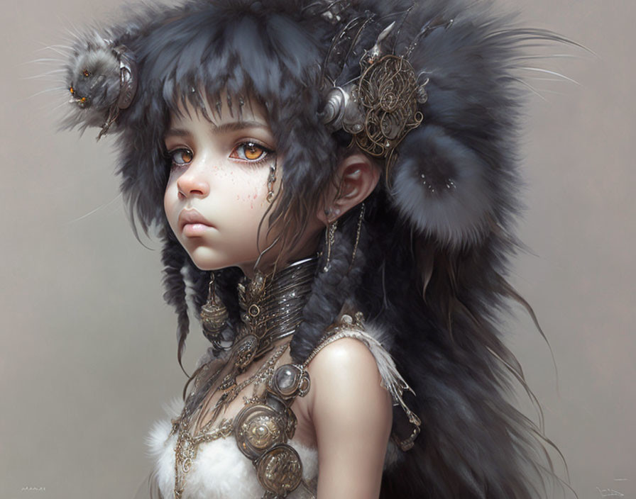 Fantasy portrait of a girl with large, expressive eyes and intricate metal ornaments.