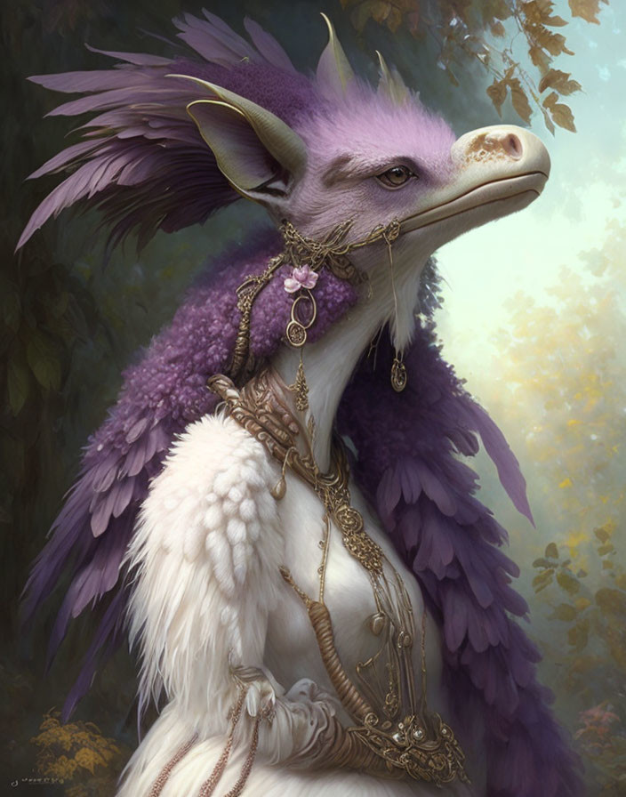 Purple and white fur fantasy creature with gold jewelry and feathers