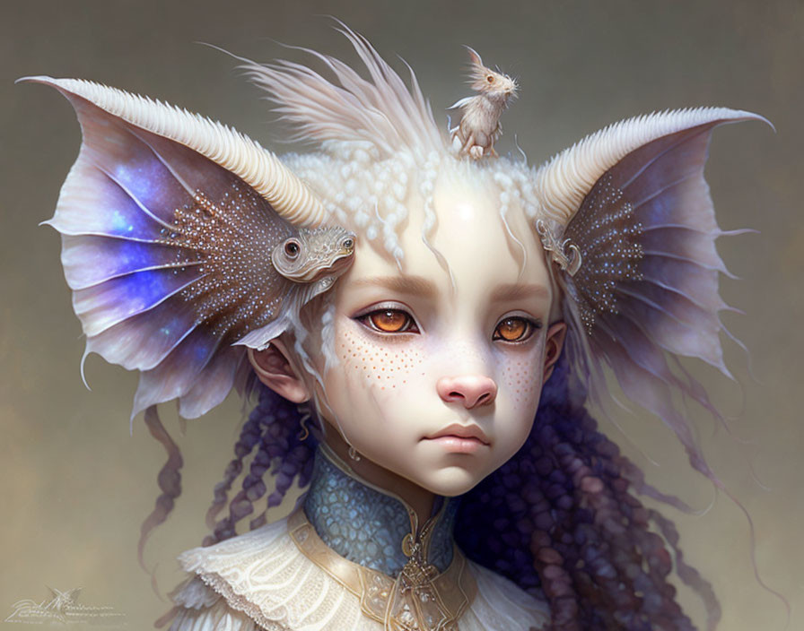 Portrait of young female creature with horns, pointed ears, freckles, small dragon, and bird