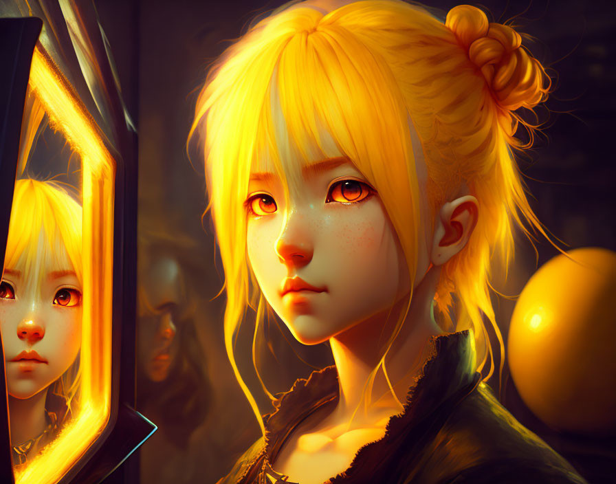 Blonde Girl Portrait with Determined Expression and Mirror Reflection