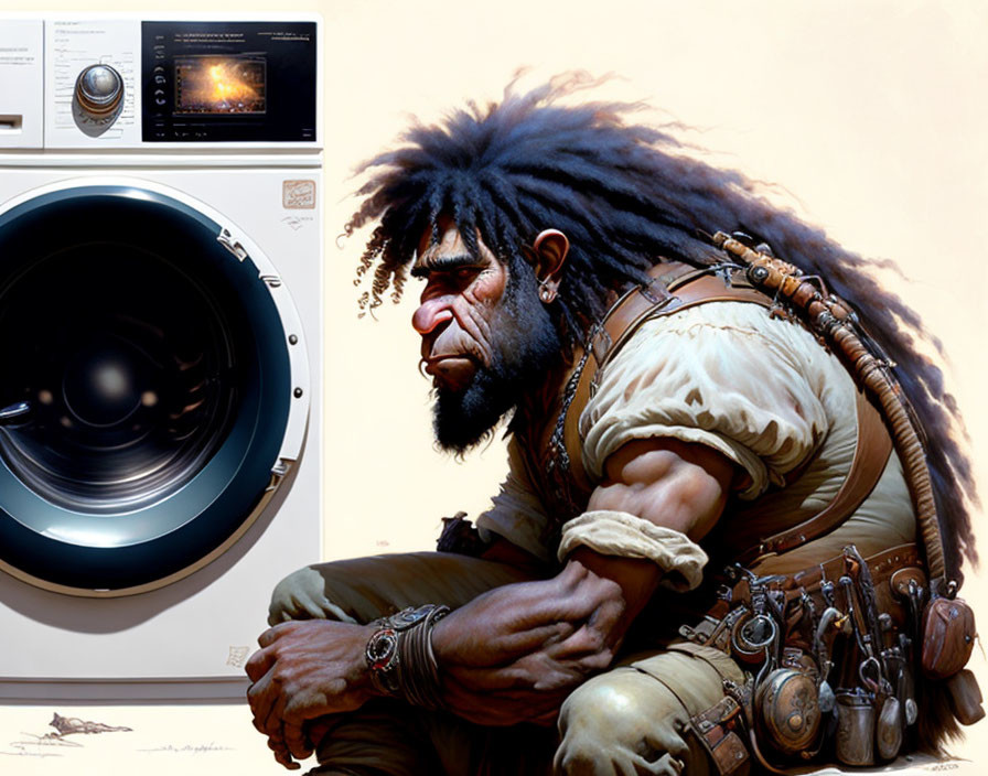 Fantasy creature with human-like features beside a washing machine