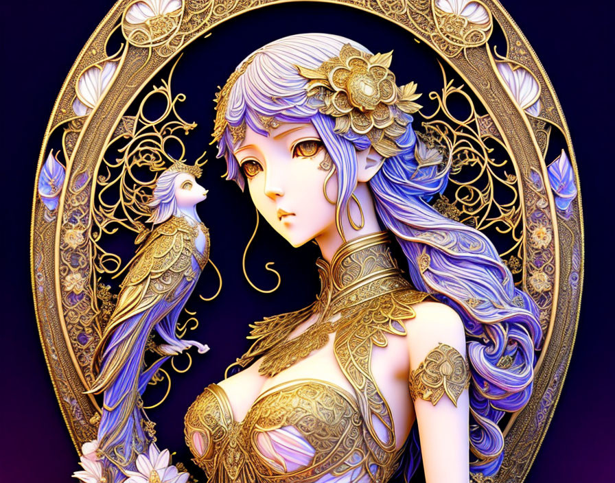 Fantasy female character in gold armor with mythical bird in detailed golden frame