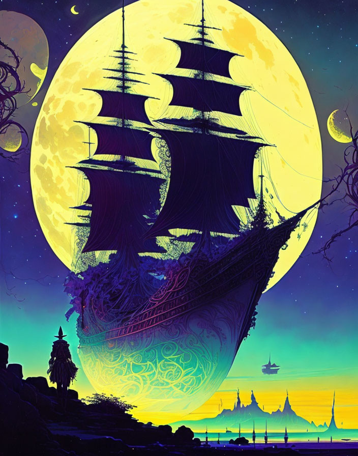 Large yellow moon illuminating sailing ship in fantastical scene