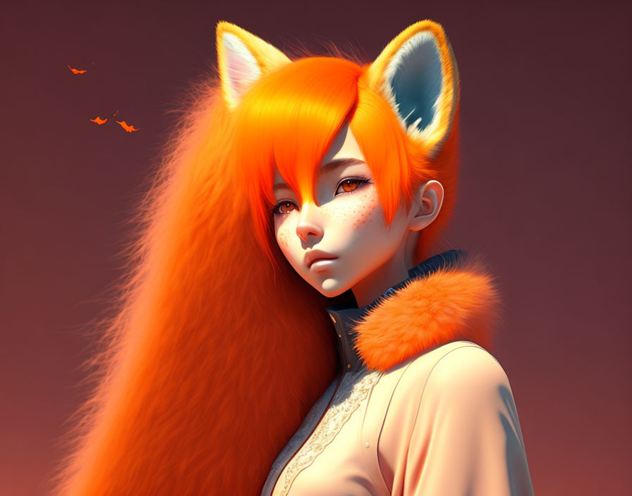 Digital artwork of female figure with orange fox-like ears, long hair, freckles, serene expression