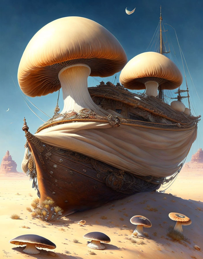 Fantastical ship with mushroom-shaped balloons over desert landscape