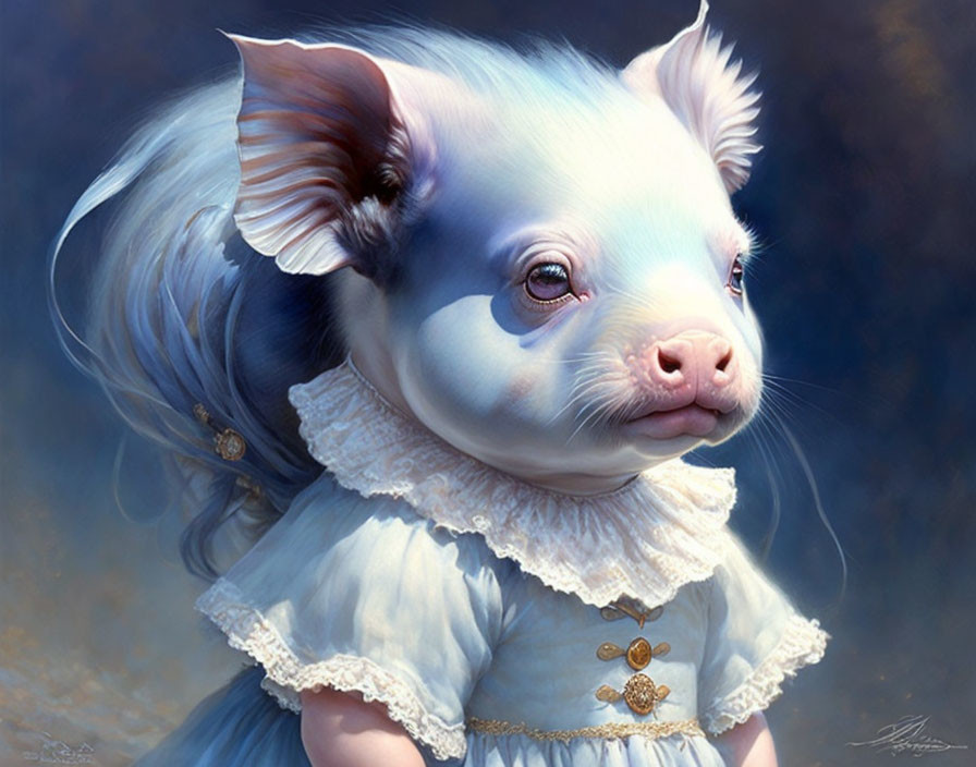 Blue-eyed piglet in vintage blue and white lace dress with golden buttons