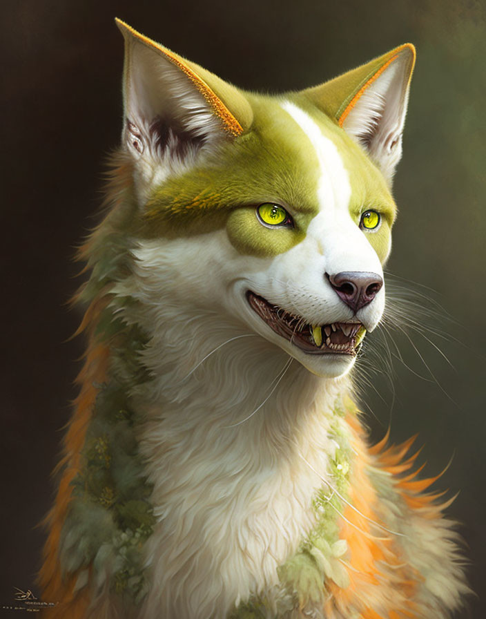 Fantasy wolf creature with green and white fur, yellow ears, and piercing eyes