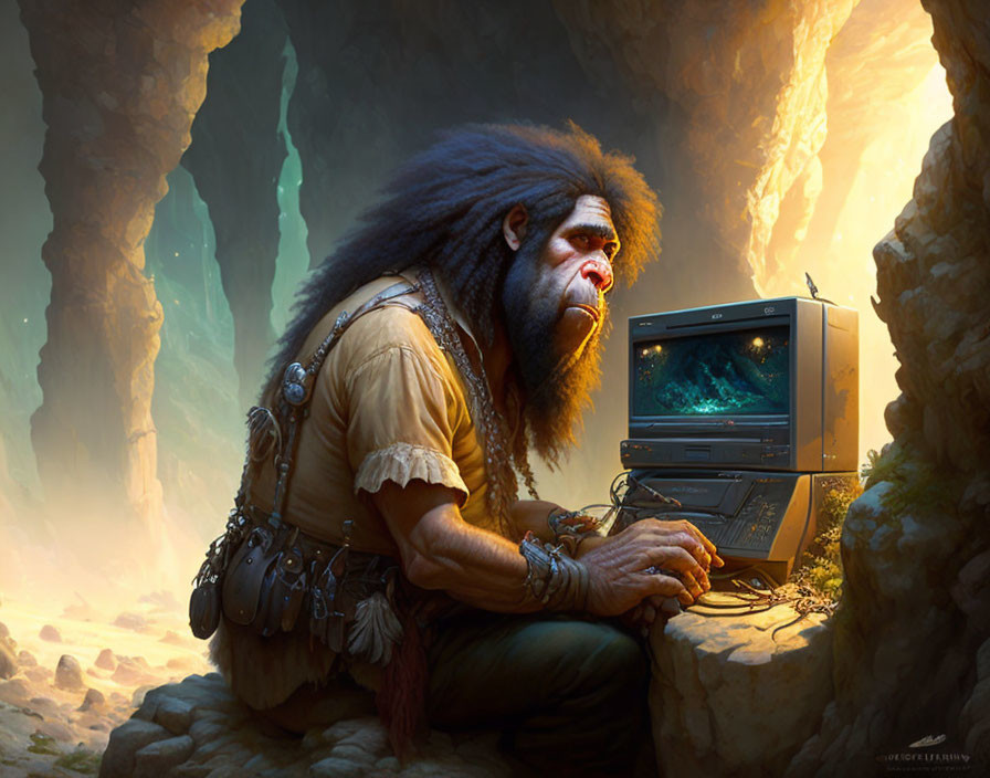 Neanderthal contemplating old computer in cave