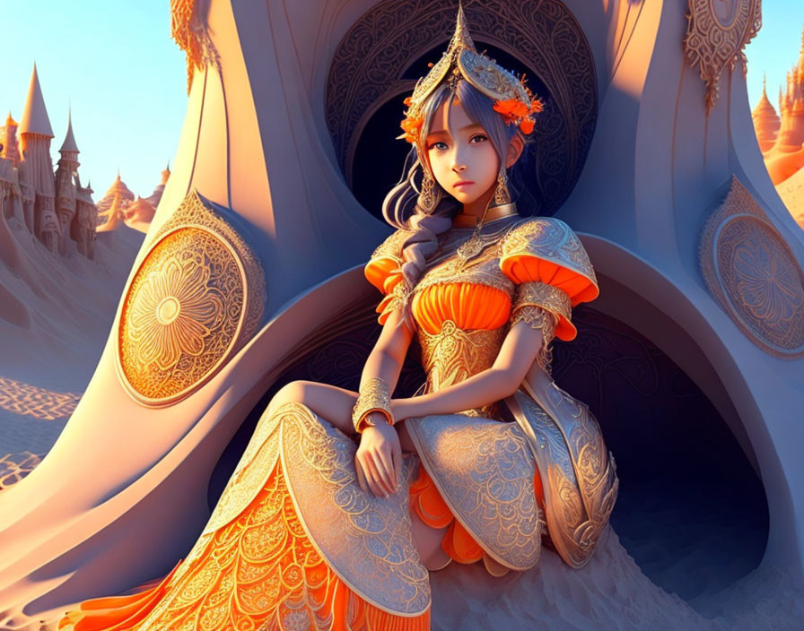 Stylized illustration of woman in ornate orange dress in fantasy desert setting