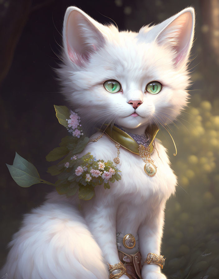 White fluffy cat with green eyes wearing leaf and flower collar and gold pendants.