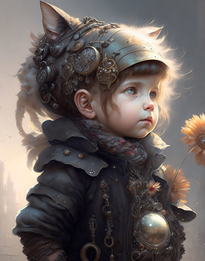 Child in steampunk helmet surrounded by mystical ambiance