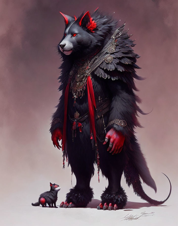 Black wolf in red-accented armor with small mouse on pink background