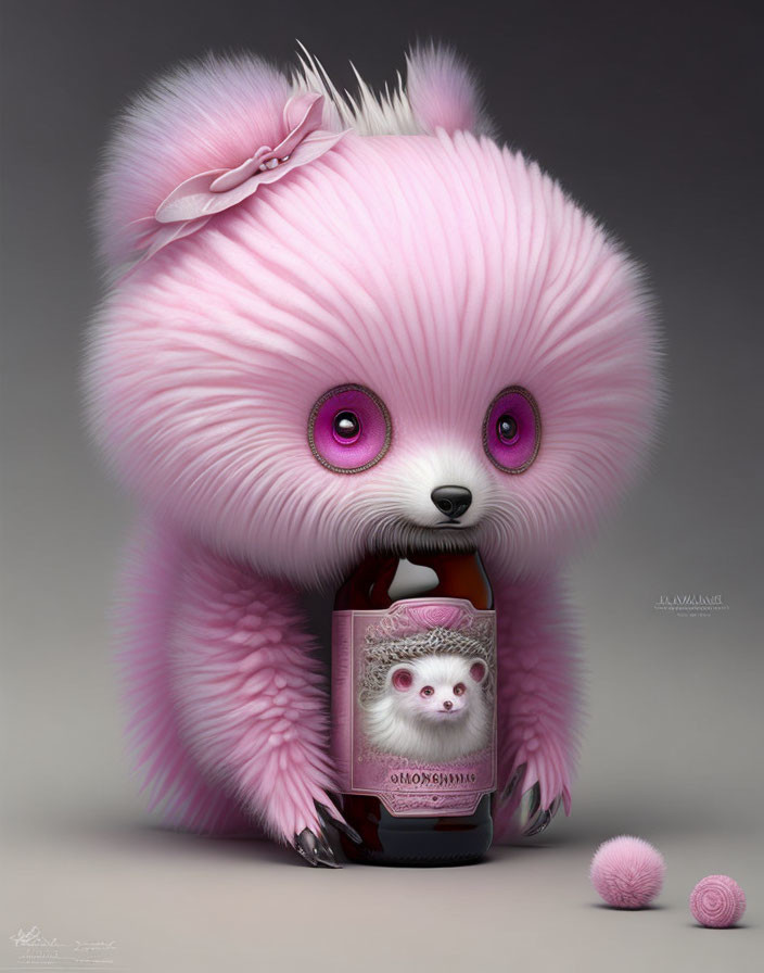 Pink fluffy creature with purple eyes holding bloomshine bottle