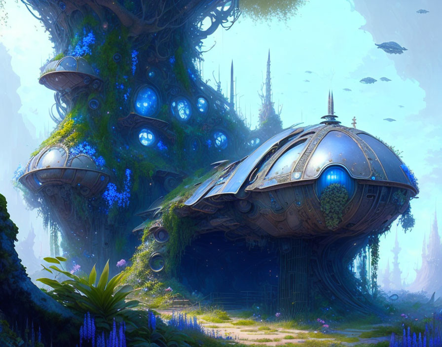 Futuristic tree-like structures with glowing orbs in lush landscape