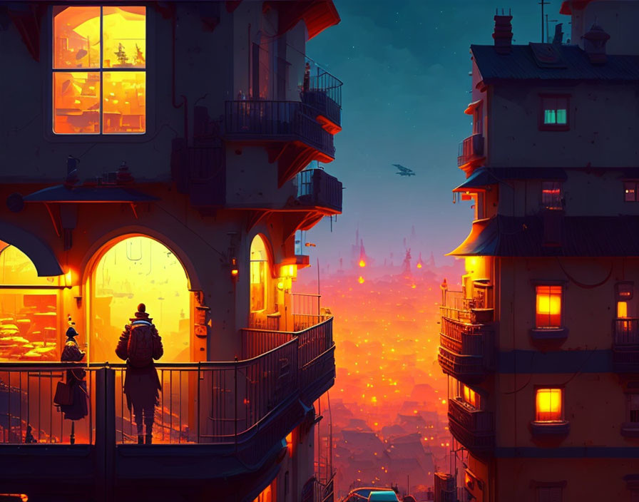 Silhouetted Figure on Balcony in Futuristic Cityscape at Dusk