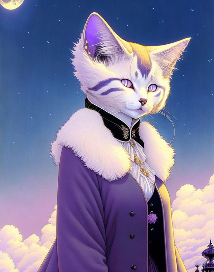 Elegant white cat in purple coat against twilight sky