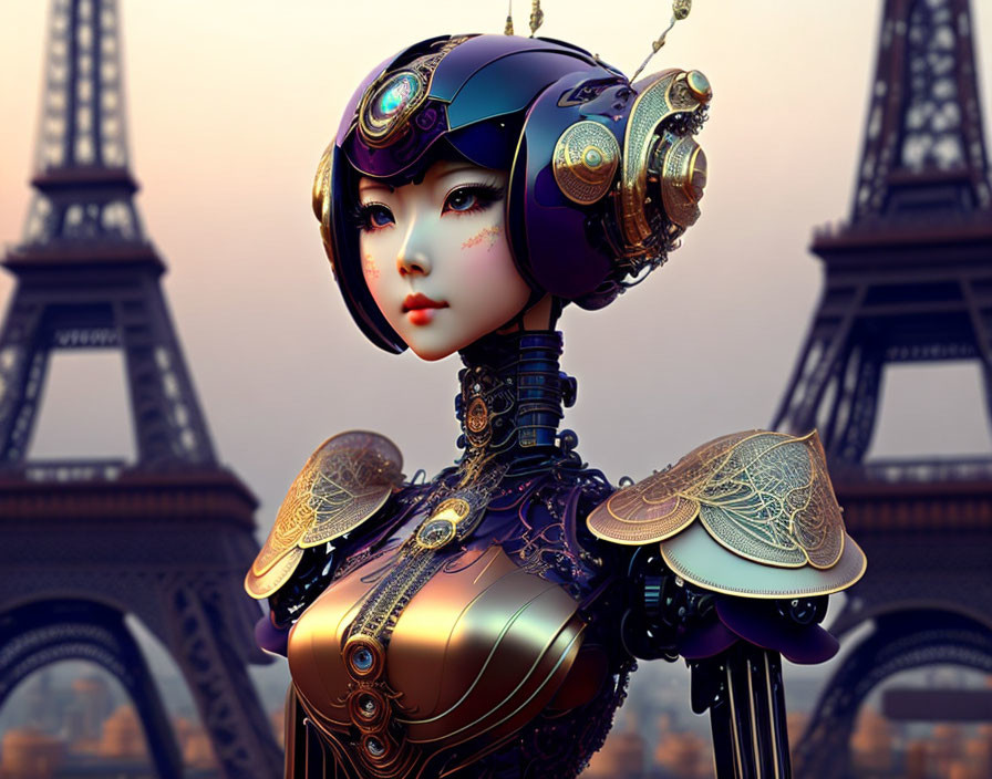 Steampunk female android art with Eiffel Tower backdrop