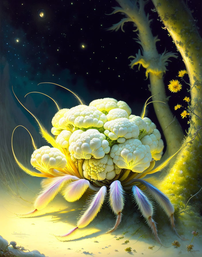 Fantastical cauliflower-like creature with feathered tentacles under starlit sky.