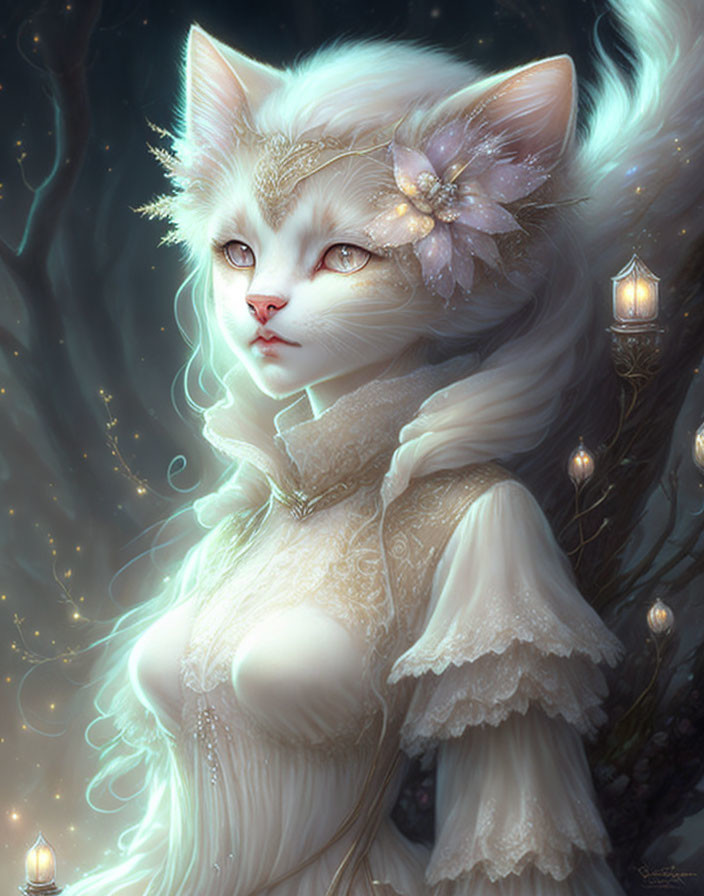 Ethereal anthropomorphic white cat with lantern in mystical setting