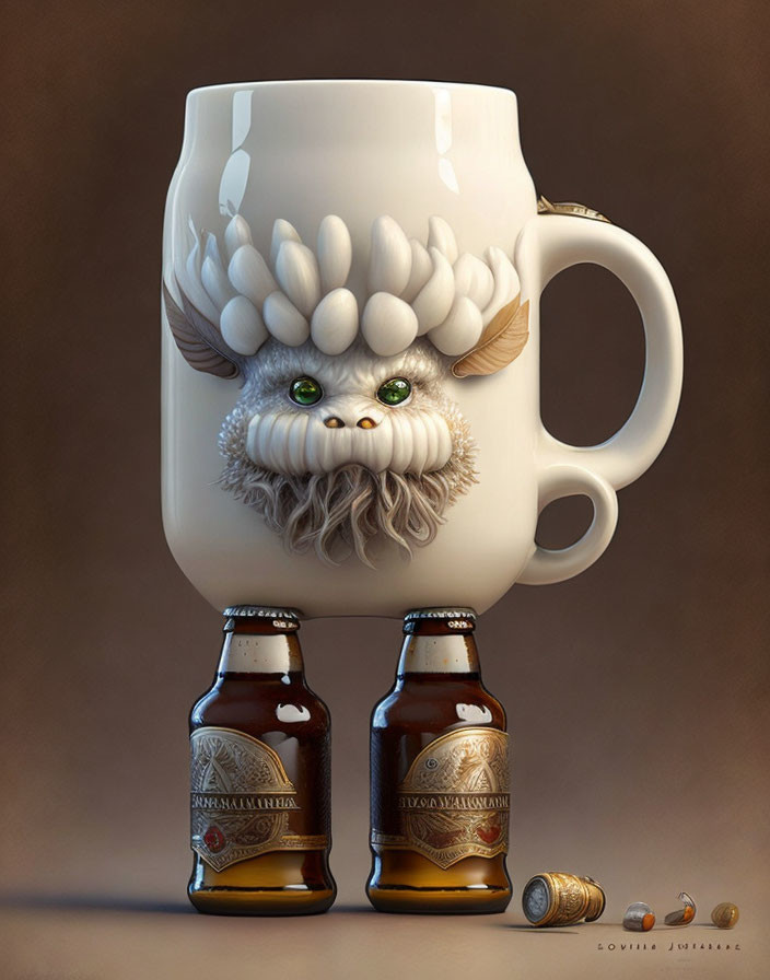 Whimsical bearded creature mug on beer bottles background