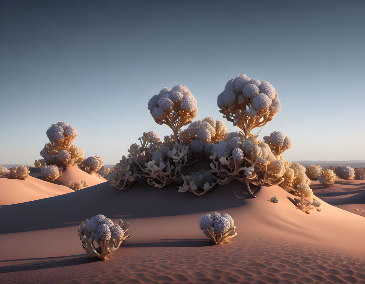 Unique surreal landscape: snowball-like plants on smooth sand dunes at golden hour