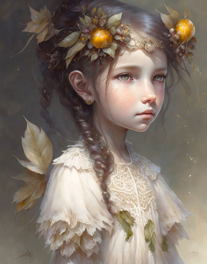 Young girl with braided hairstyle and leafy headpiece in digital painting