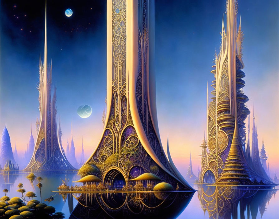 Fantastical landscape with towering spires and multiple moons reflected in calm water