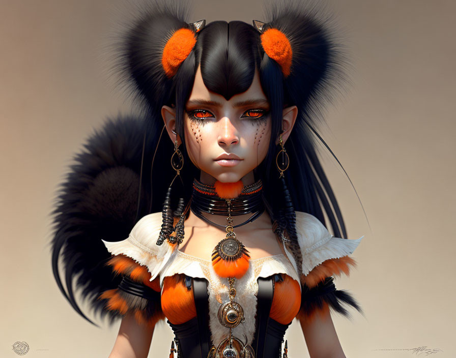 Fantasy digital artwork of female character with dark hair and tribal-style jewelry