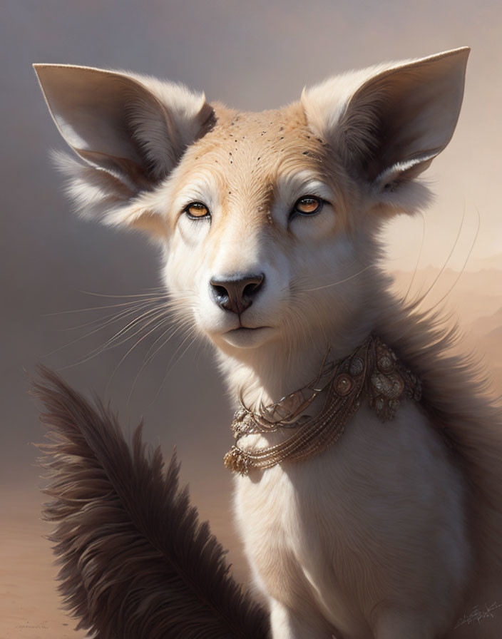 Anthropomorphized desert fox with large ears and ornate necklace on sandy background