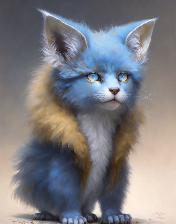 Fluffy blue kitten with piercing eyes in whimsical illustration