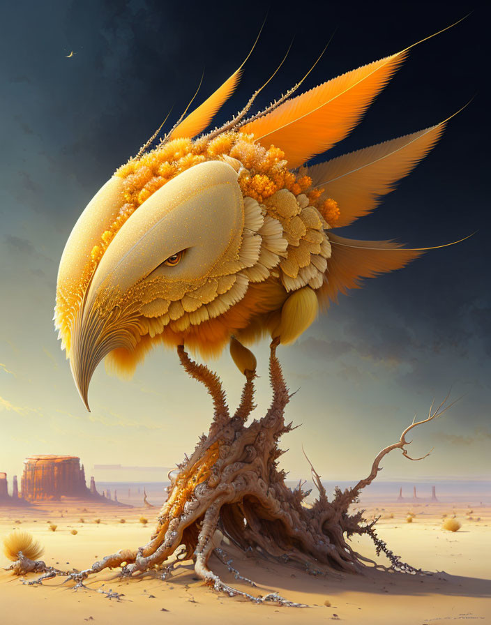 Giant bird-like creature perched on gnarled tree in desert landscape