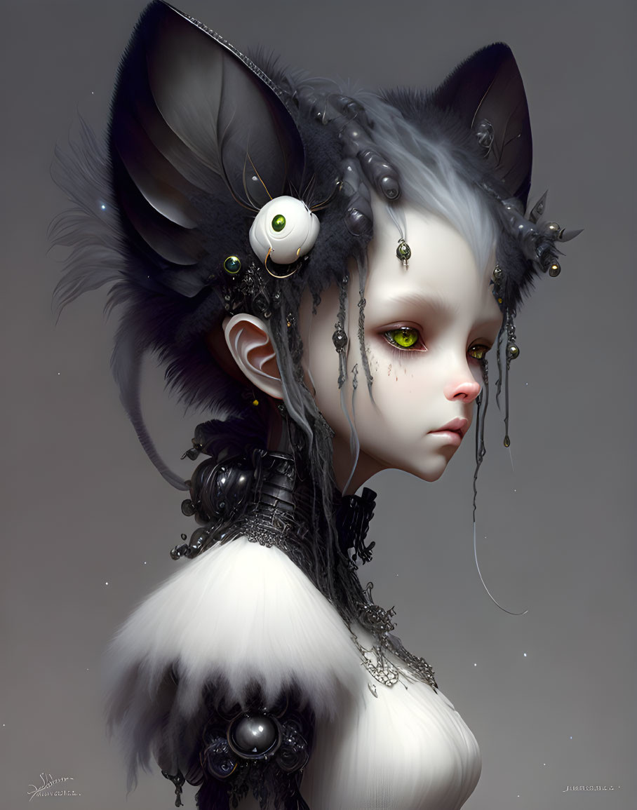 Digital artwork: Humanoid creature with feline features, green eyes, gothic jewelry, feathers