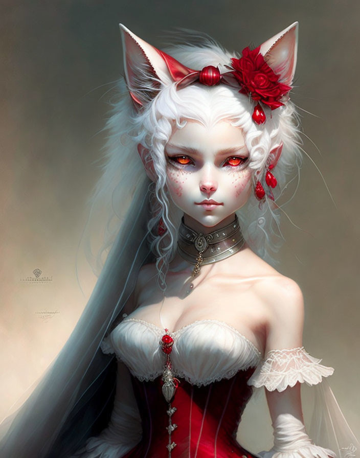 Fantasy illustration of female character with white fox ears, red accessories, pale skin, long white hair