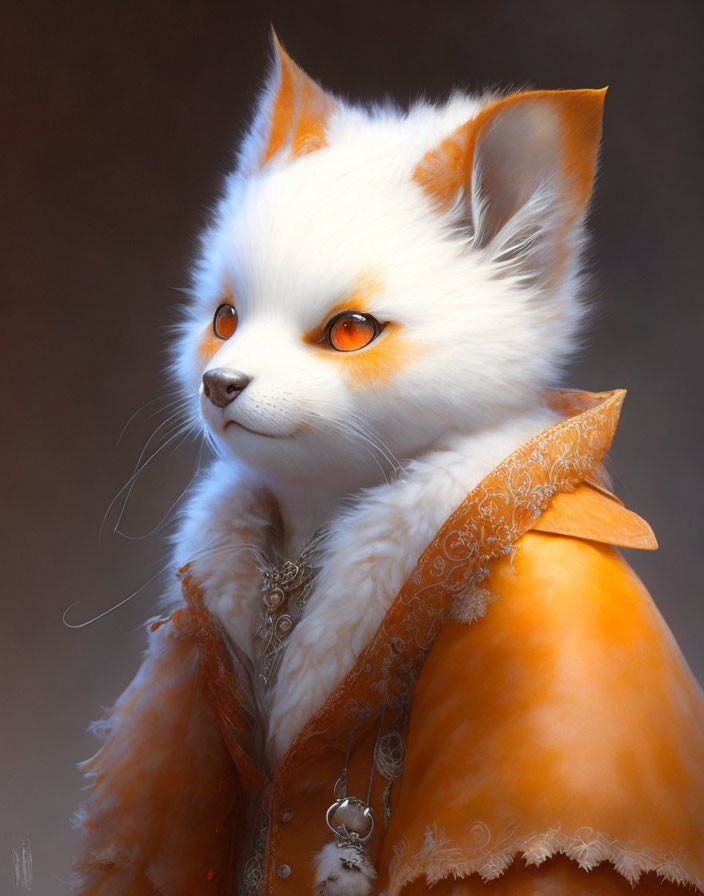 Anthropomorphic white and orange cat illustration in elegant overcoat