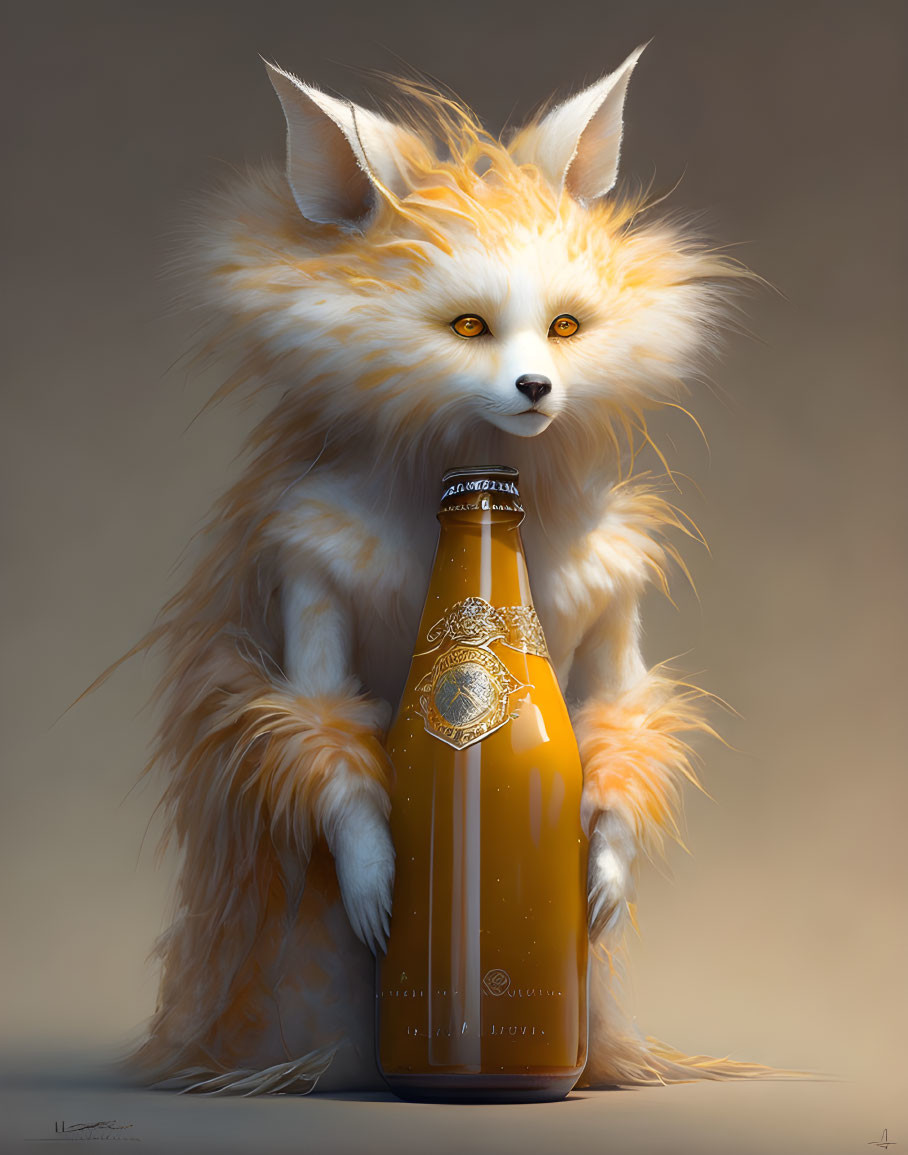 Fluffy white fur fox with bright yellow eyes holding a golden bottle