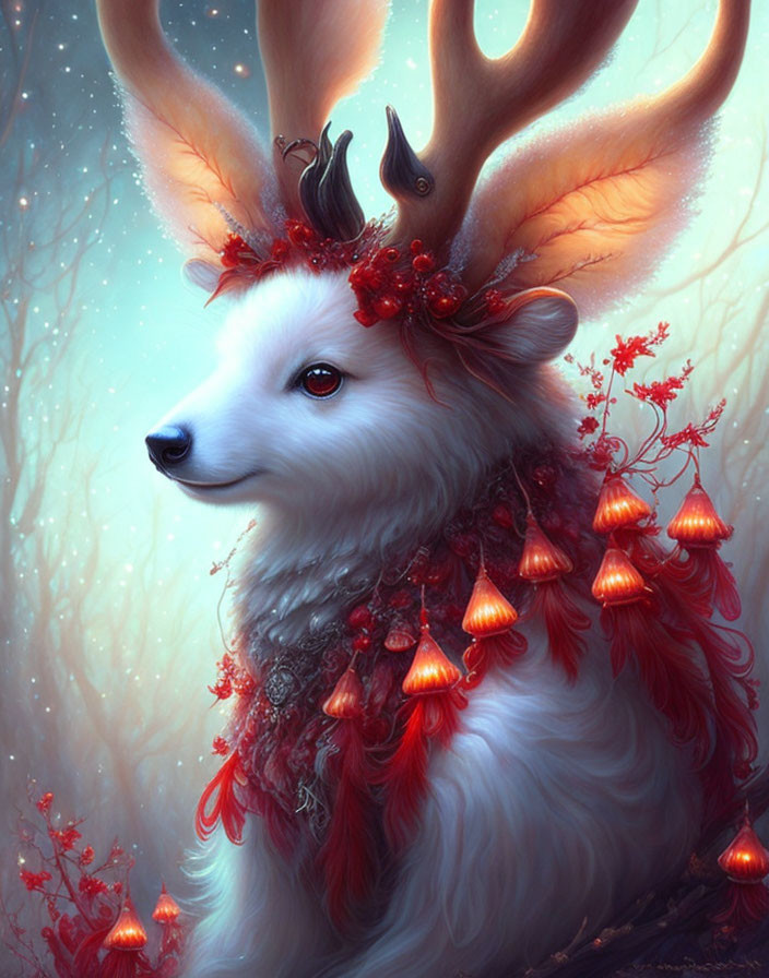 Majestic white creature with dog body, deer-like antlers, and red foliage.