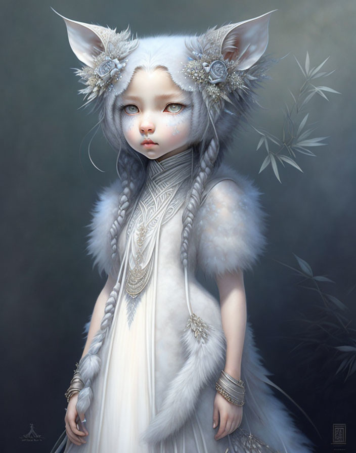 Whimsical creature with feline-human traits and ornate jewelry on muted background