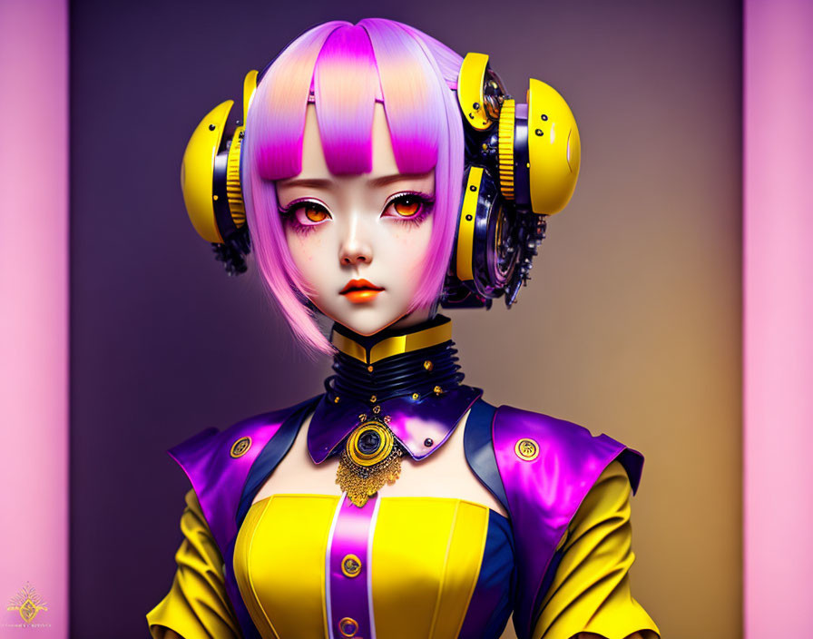 Stylized female character with purple and yellow hair in futuristic outfit