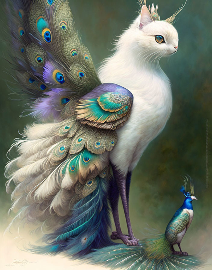 White cat-bodied creature with peacock plumage beside regular peacock on green background