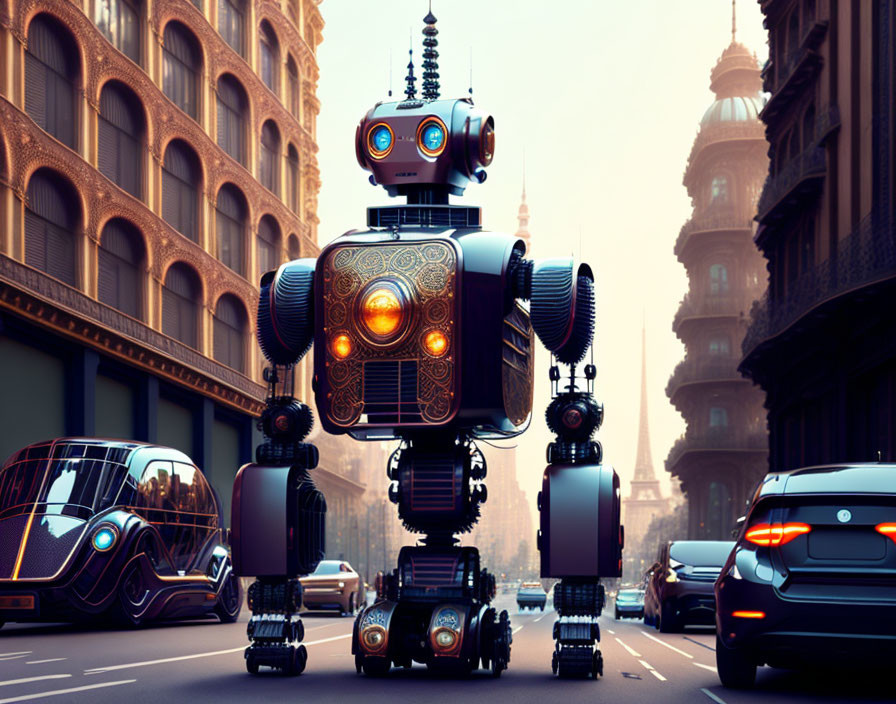 Detailed large robot walking in city with classical and futuristic elements