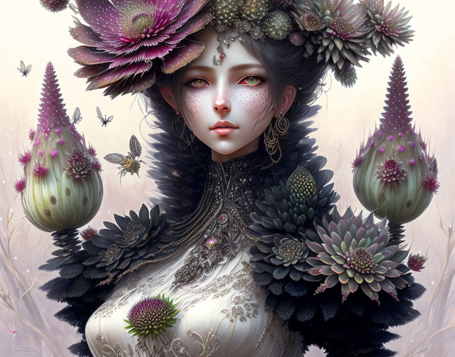 Fantasy artwork of woman with floral elements and butterflies