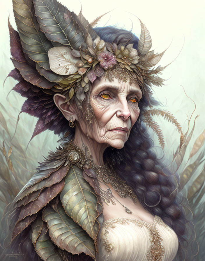 Elder fantasy character with feathered headdress and intricate jewelry